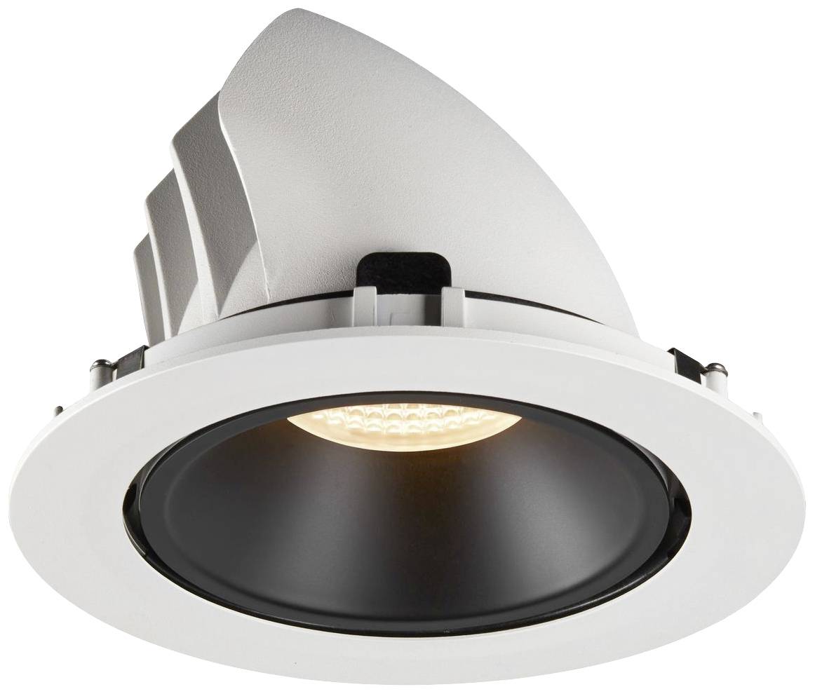 Ronde, witte plafondlamp met zwart binnendeel en led-lamp in het midden. Modern design, geschikt voor binnen.