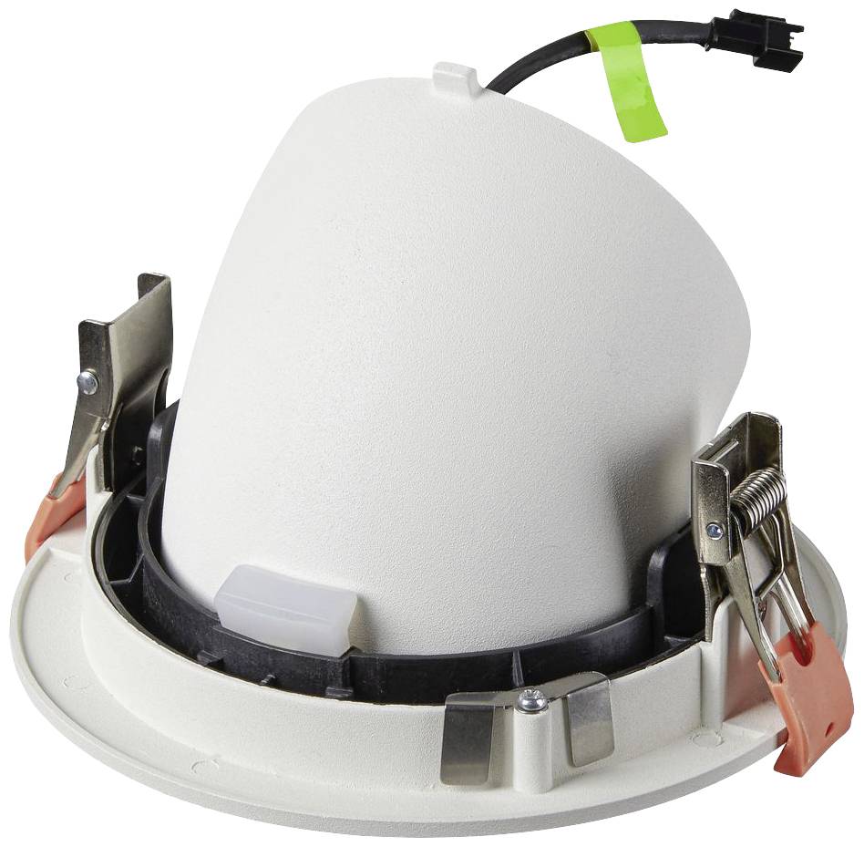 Een witte, kegelvormige plafondspot met verstelbare bevestiging en zwart snoer, geschikt voor binnenverlichting.