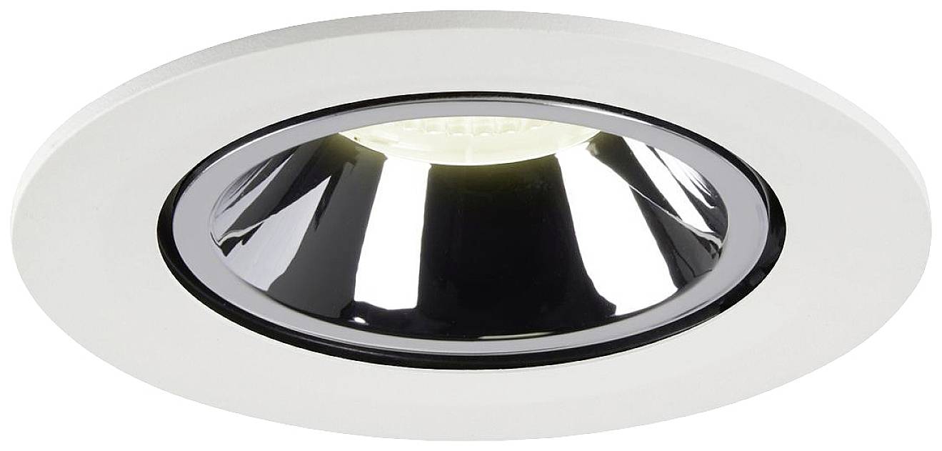 Inbouw-LED-plafondlamp in ronde vorm, met zilveren spiegeloppervlak, straalt licht naar beneden. Geschikt voor moderne binnenruimtes.