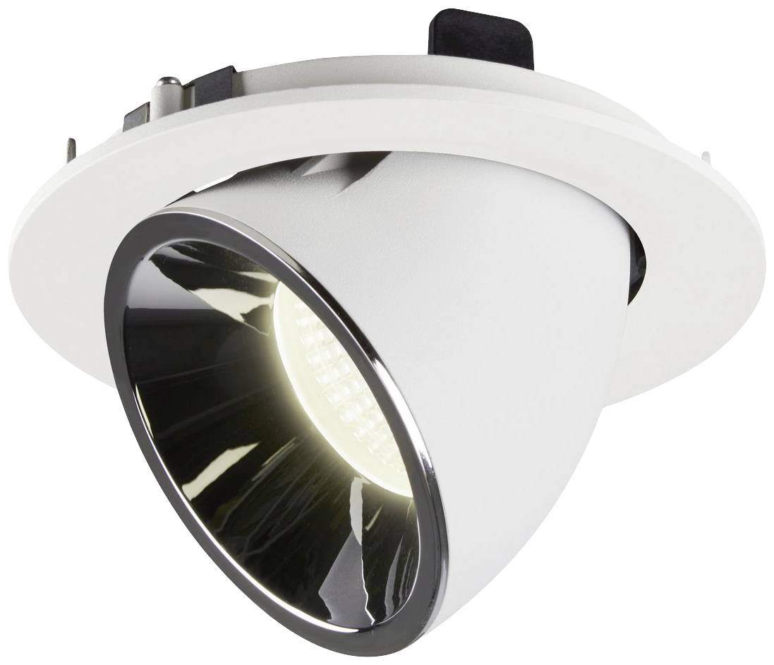 Inbouwspot met een rond, wit frame en een zwarte, glanzende binnenreflector. De LED-lamp is ingeschakeld.