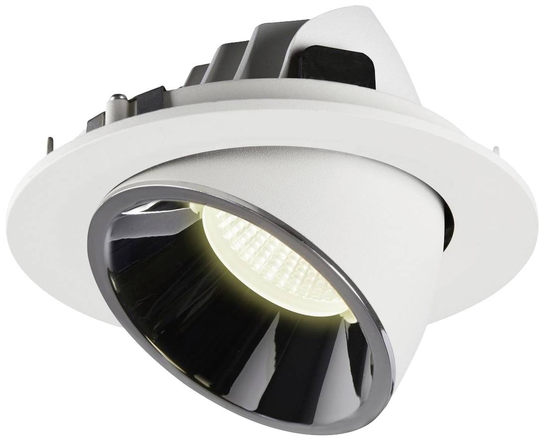 Een witte, ronde, dimbare inbouwspot met LED-verlichting schijnt naar beneden. Geschikt voor moderne plafondverlichting.
