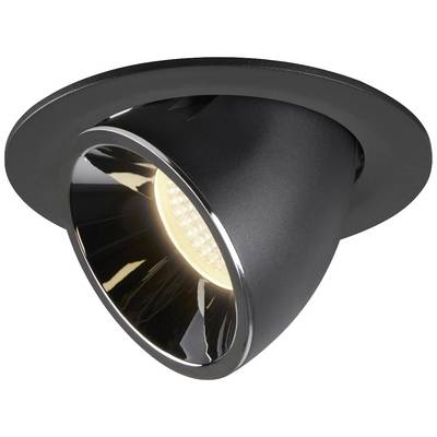 Zwarte inbouwspot met schijnend LED-licht, ingebed in een ronde behuizing.