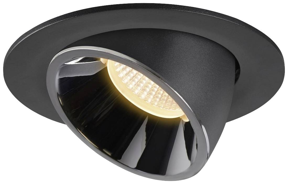 Zwarte inbouwspot met warm, stralend LED-licht, modern ontworpen voor binnenverlichting.