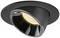 Zwarte inbouwspot met warm, stralend LED-licht, modern ontworpen voor binnenverlichting.