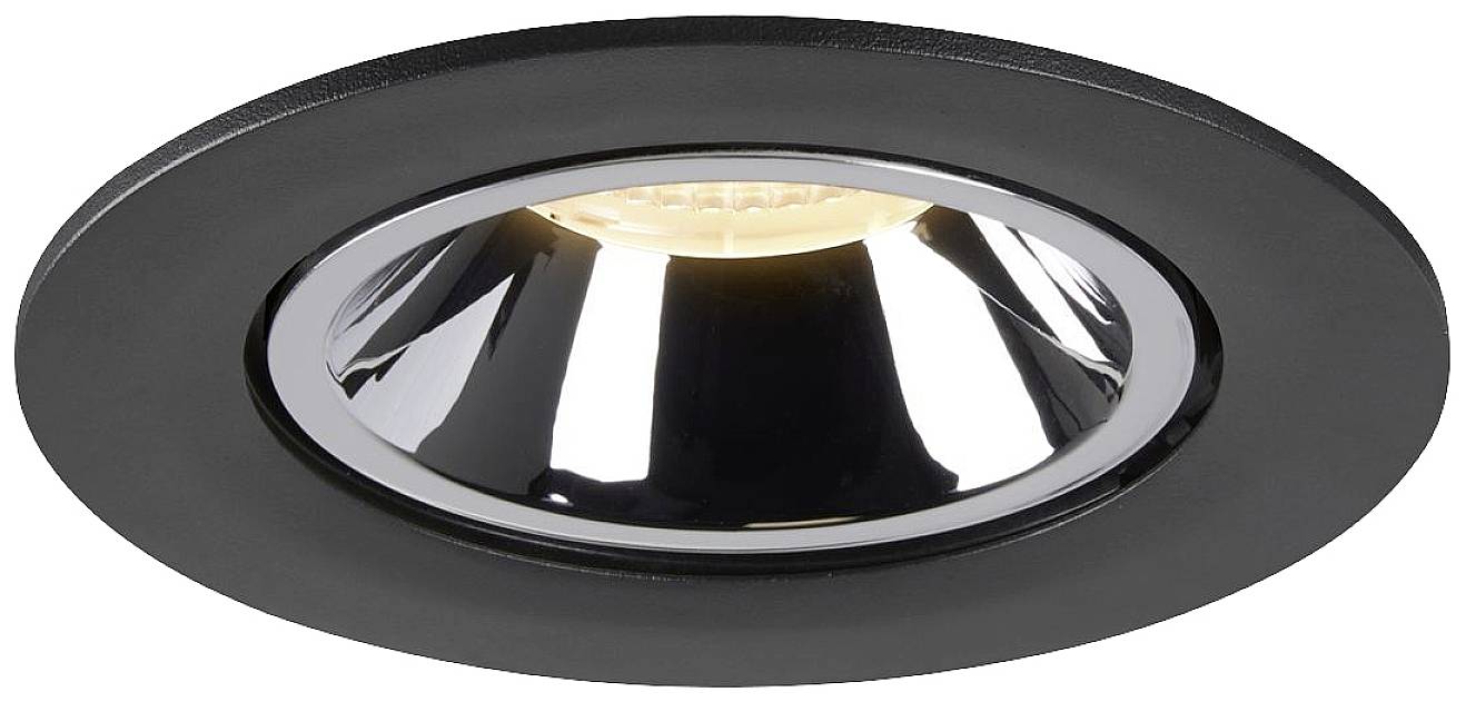 Zwarte, ronde inbouwspot met glanzende binnenreflector en zichtbare lamp. Geschikt voor moderne woonruimtes.