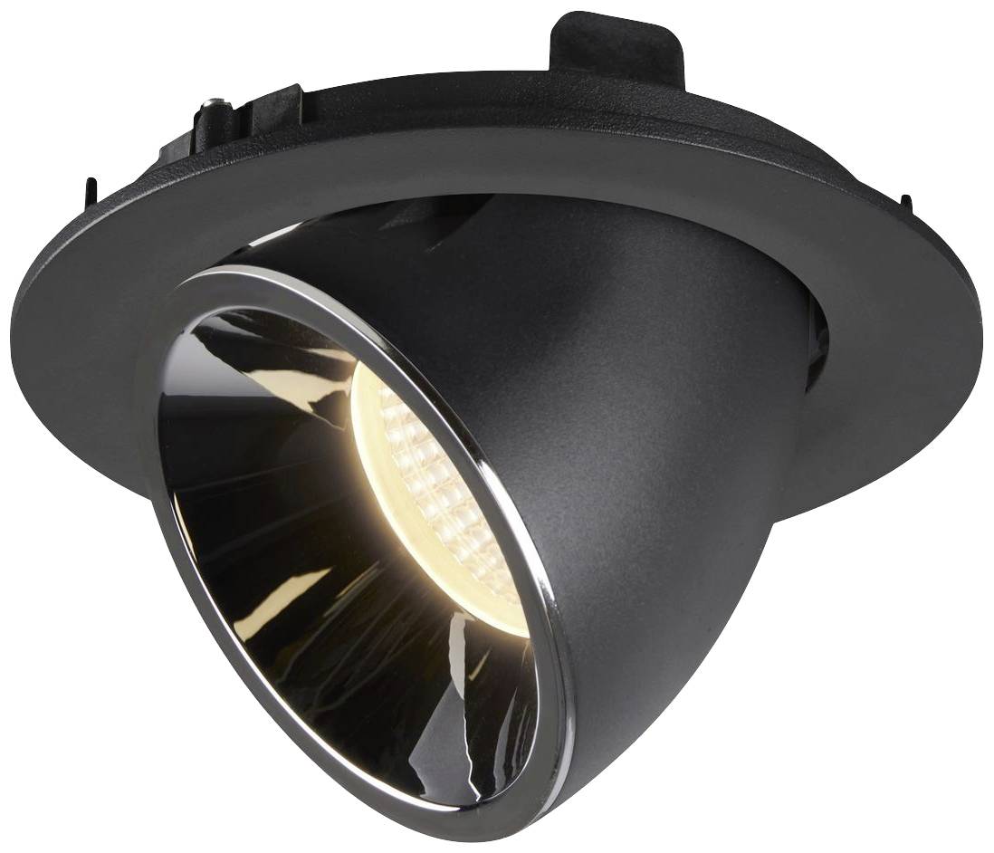 Inbouw-LED-spot in zwarte behuizing, straalt warm wit licht uit. Ideaal voor accentverlichting in moderne interieurs.