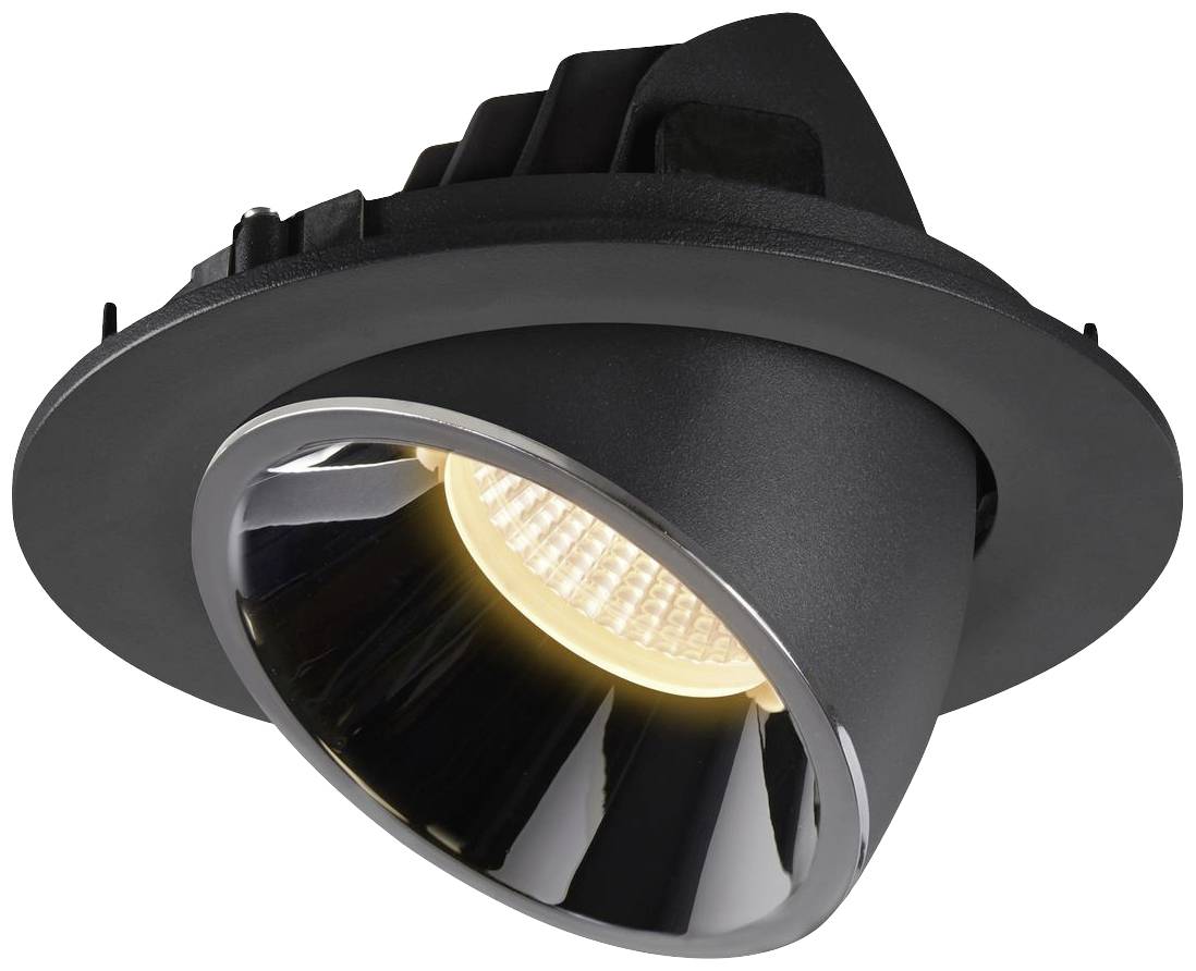 Zwarte inbouwspot met geïntegreerd LED-lichtpunt, straalt warm wit licht uit. Geschikt voor moderne binnenverlichting.