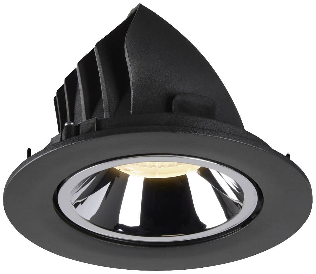 Zwarte inbouwspot met rond, gespiegeld oppervlak en LED-lichtbron, geschikt voor moderne binnenverlichting.