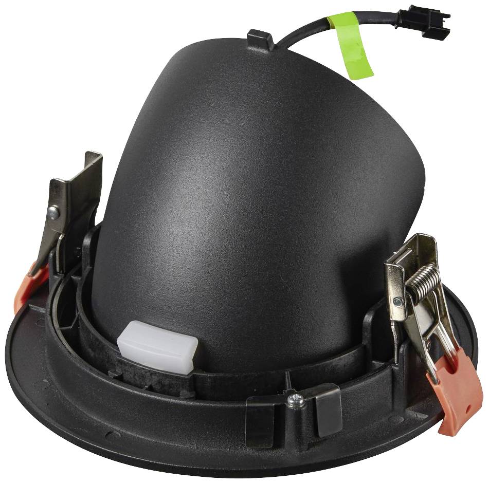Een zwarte, draaibare LED-plafondspot met clips voor bevestiging. Bovenaan is een kabel met aansluiting zichtbaar.