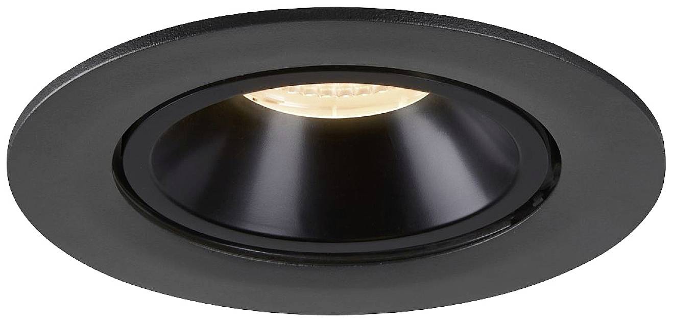 Zwarte inbouw-LED-spot, rond, met warmwit licht, geschikt voor moderne binnenverlichting.