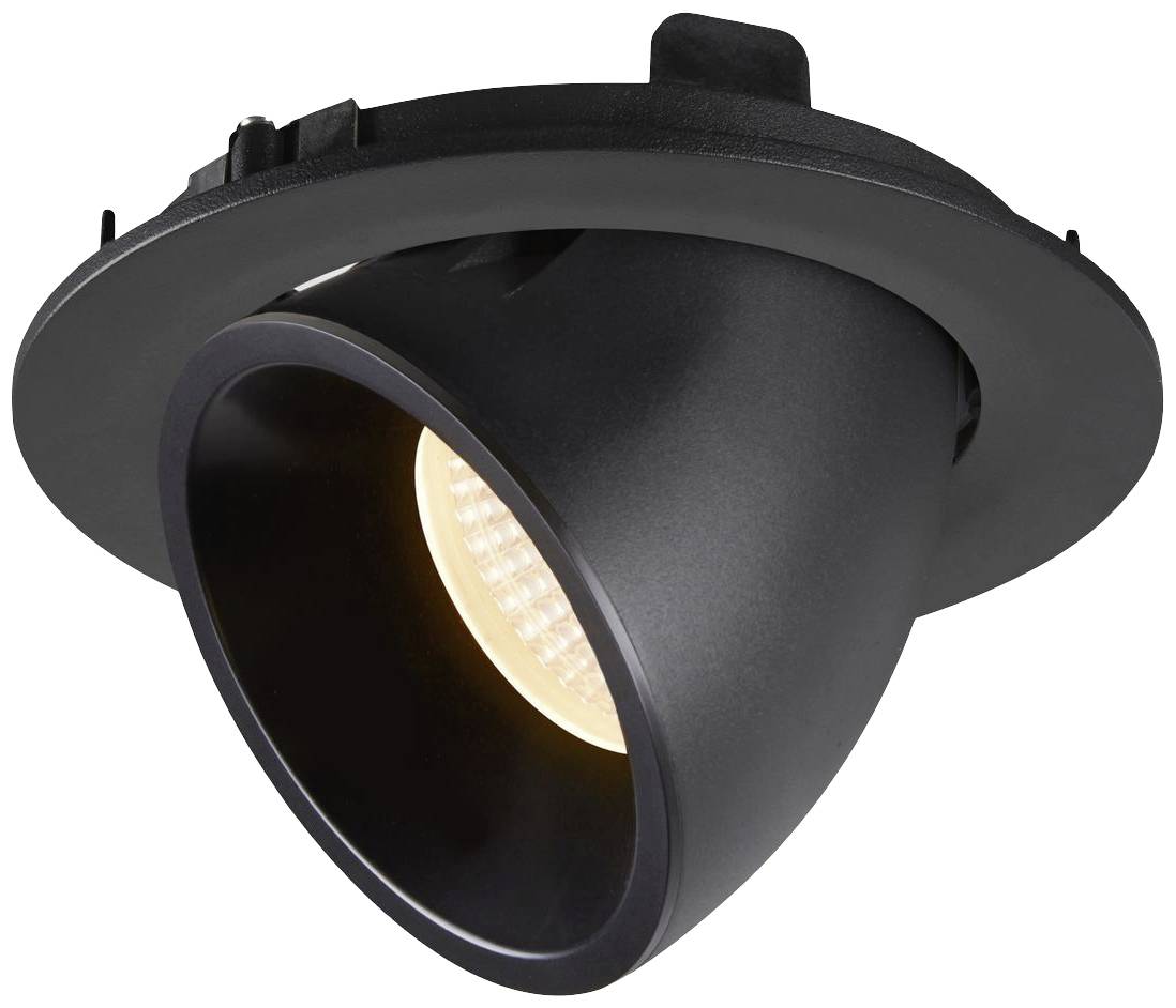 Zwarte inbouwspot met verstelbare lichtbundel, toont een warme lichtbron. Geschikt voor moderne binnenverlichting.
