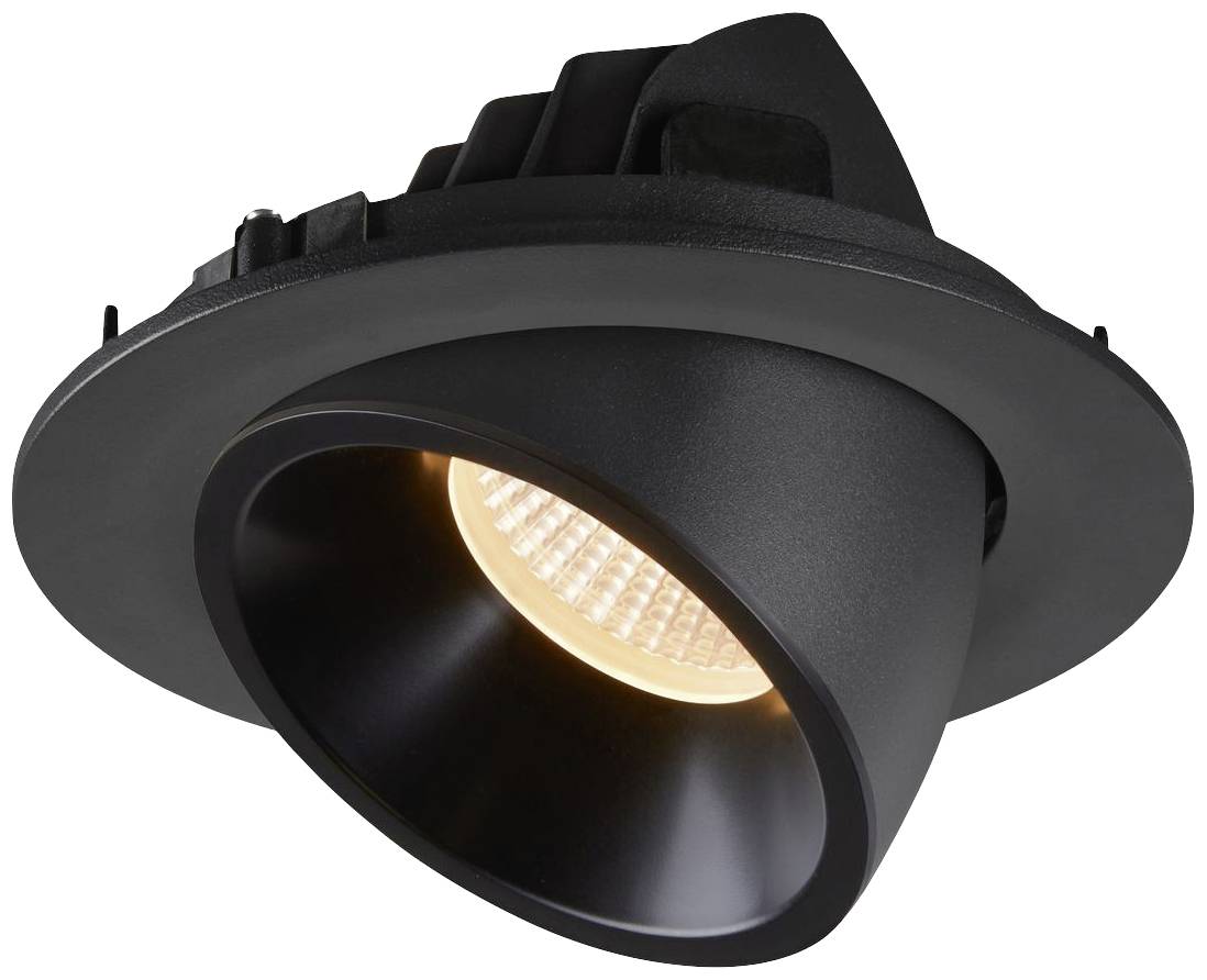 Zwarte, verstelbare LED-inbouwspot met een rond ontwerp, straalt een warm licht uit. Ideaal voor moderne interieurs.