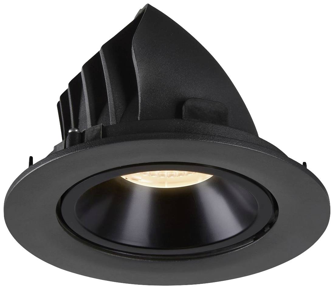 Zwarte inbouwspot met rond frame en naar beneden gerichte LED-lamp, geschikt voor plafondmontage in binnenruimtes.