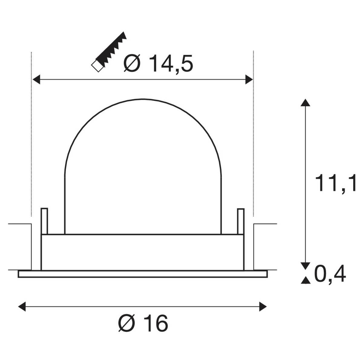 Technische tekening van een koepel met diametervermeldingen: Koepel-Ø 14,5, Basis-Ø 16. Totale hoogte 11,1, Sokkel hoogte 0,4.