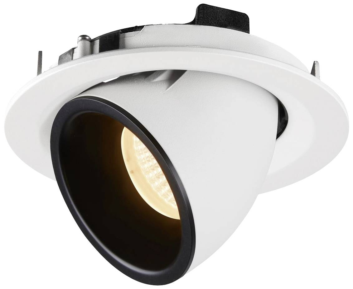 Witte, ronde LED-inbouwspot met draaibare zwarte ring, geeft gelig licht.