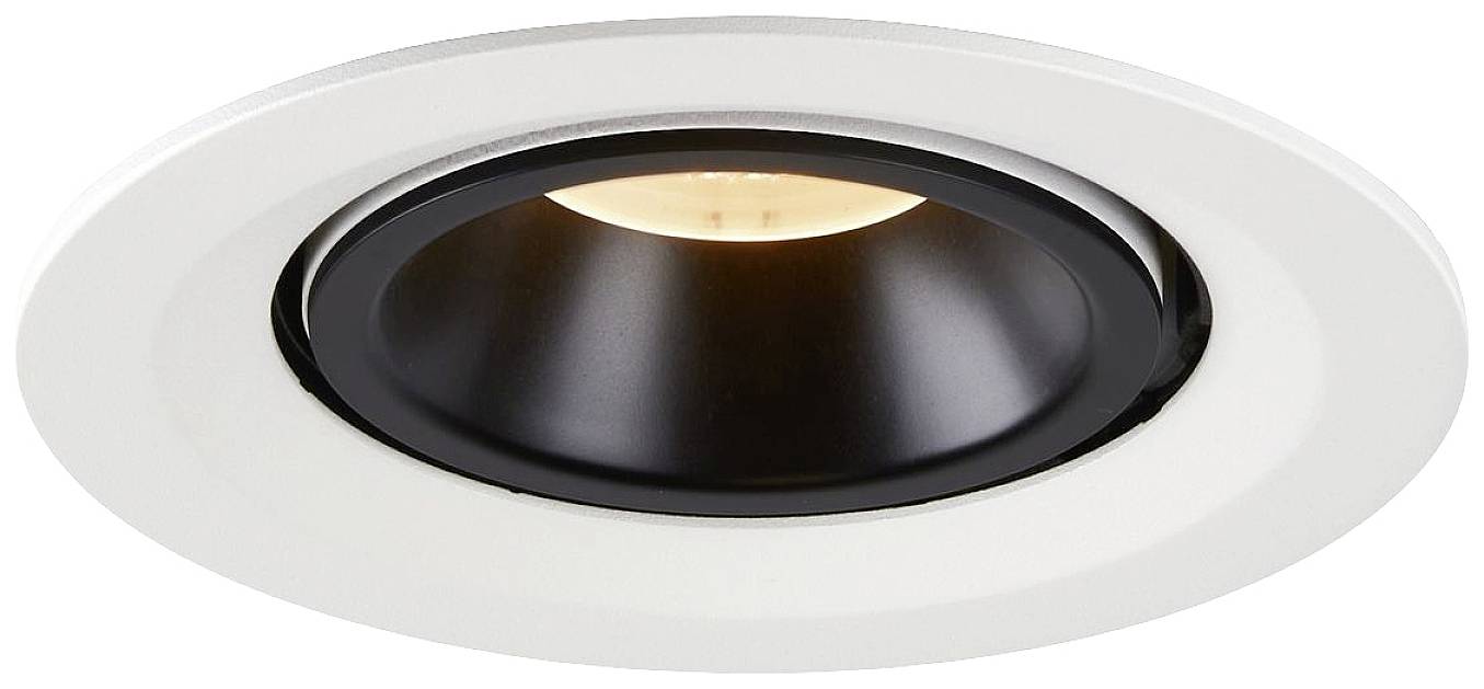 Een inbouwspot met een witte rand en een zwarte binnenring, die een warme lichtbron toont. Geschikt voor moderne binnenverlichting.
