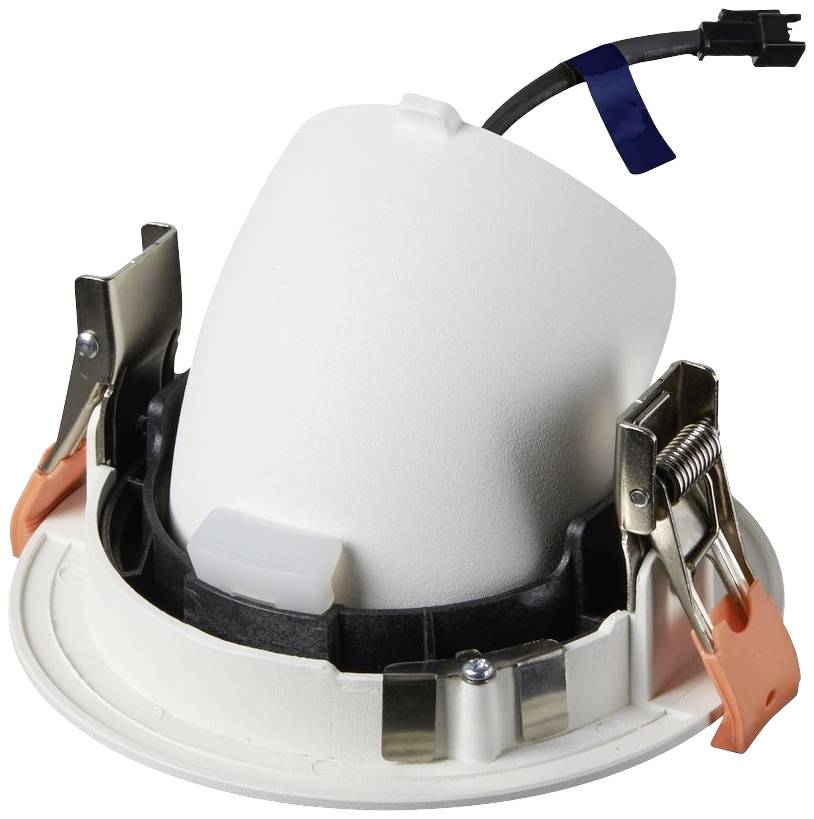 Een witte, verstelbare inbouw-LED-spot met kabel en veerklemmen voor installatie in plafonds. Geschikt voor gerichte verlichting.