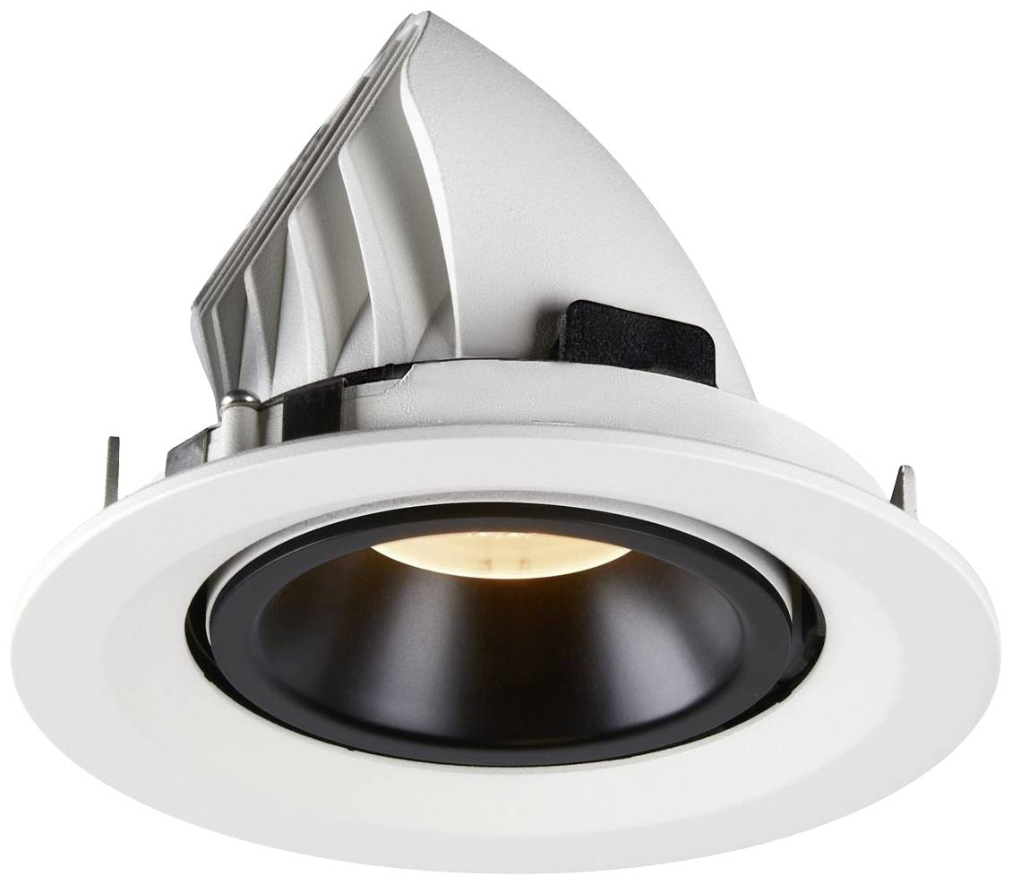 Ronde LED-schijnwerper met witte rand en zwarte binnenreflector.
