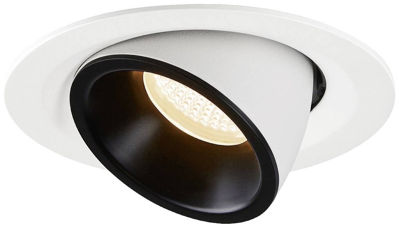 Ronde plafondlamp met een witte lijst en een draaibare, zwarte binnenbehuizing die een warm, geelachtig licht uitstraalt.