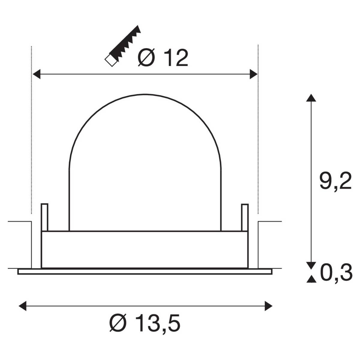 Diagram van een LED-behuizing met afmetingen: diameter 13,5 mm, hoogte 9,2 mm, inbouwdiepte 0,3 mm. Markering voor een spanning van 12 volt.