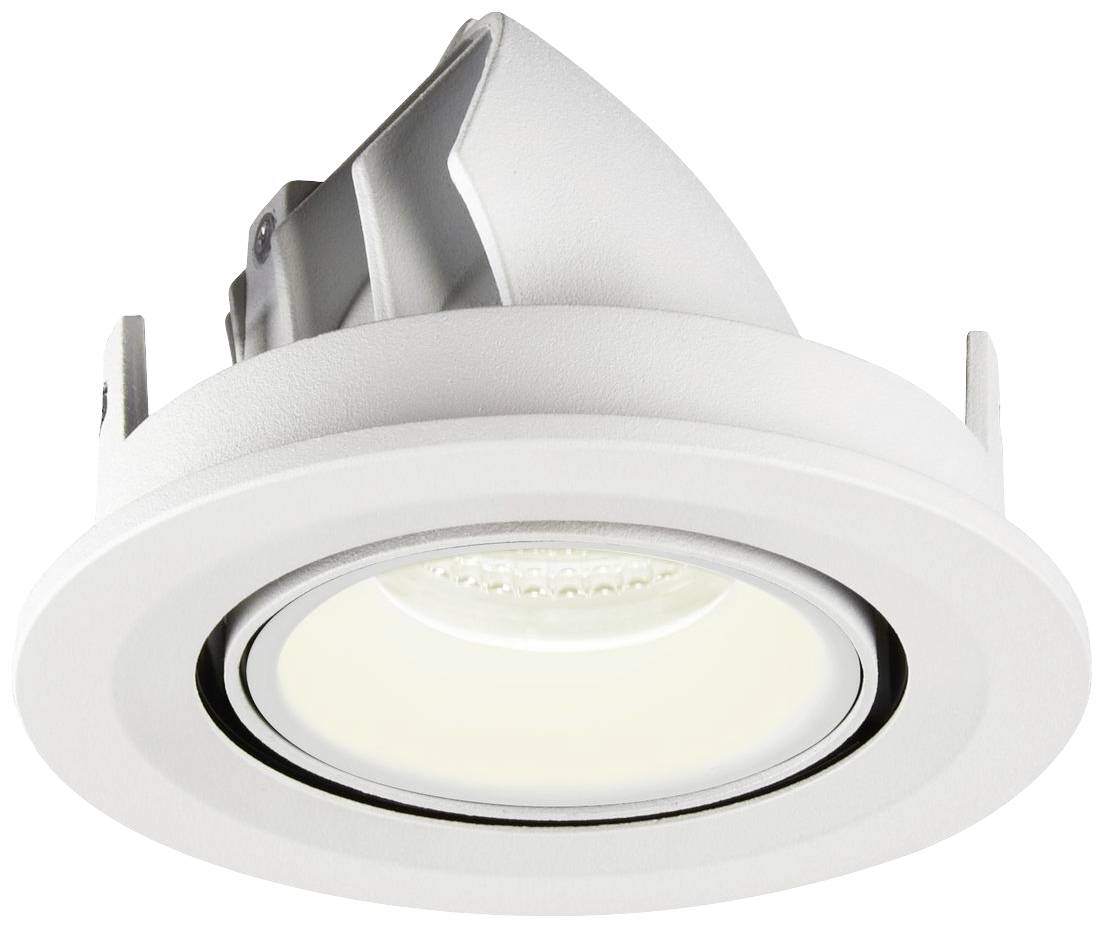 Witte, ronde LED-inbouwspot met kantelbaar behuizing, geschikt voor plafondmontage.