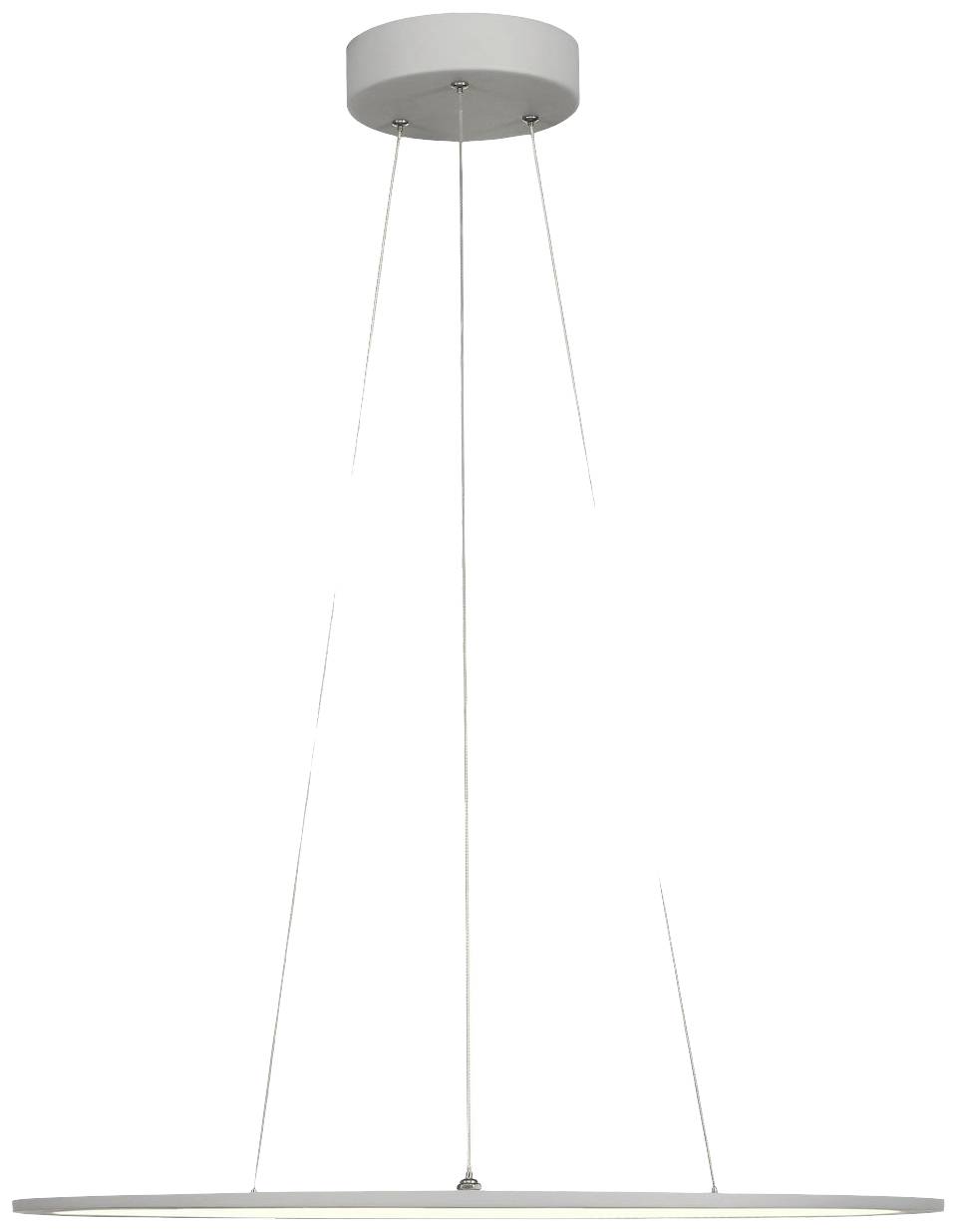 Een moderne, hangende plafondlamp met een rond, plat lampenkap en meerdere dunne kabels voor een eigentijds design.