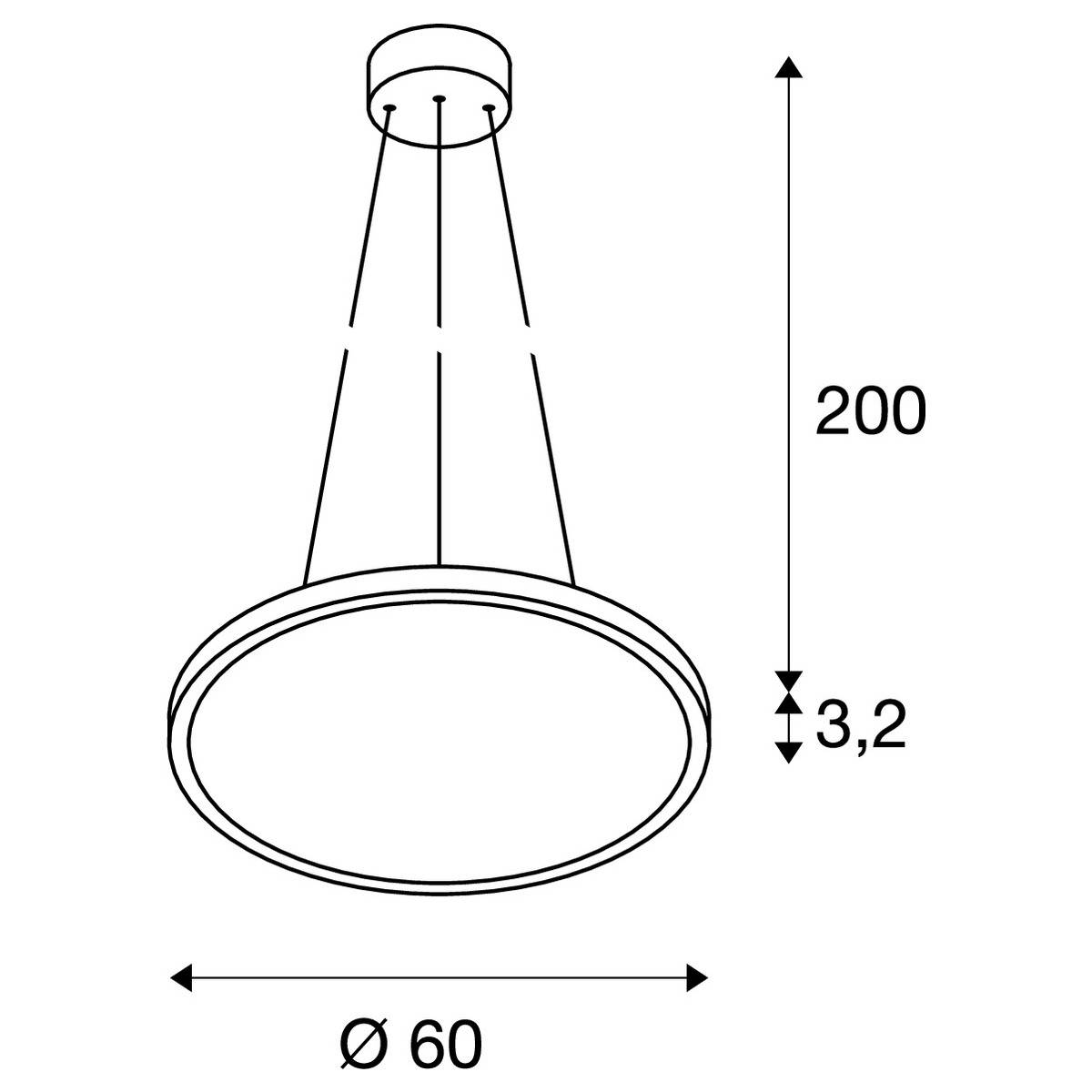 Diagram van een ronde plafondlamp met een diameter van 60 cm. De totale hoogte is 200 cm en de lamphoogte is 3,2 cm.
