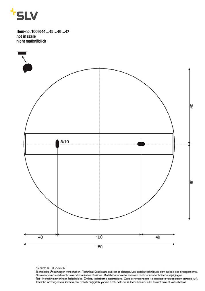 Technische tekening van een ronde lamp met afmetingen in millimeters, toont bevestigingspunten en kabelgeleiding. Tekst: 'niet op schaal'.