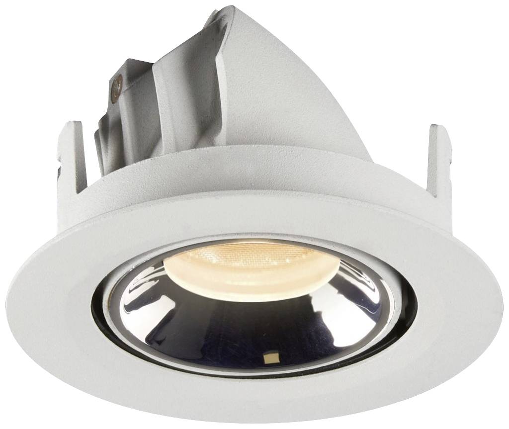 Een LED-downlight in een ronde, zilveren behuizing. Geschikt voor plafondmontage, straalt een warm licht naar beneden.