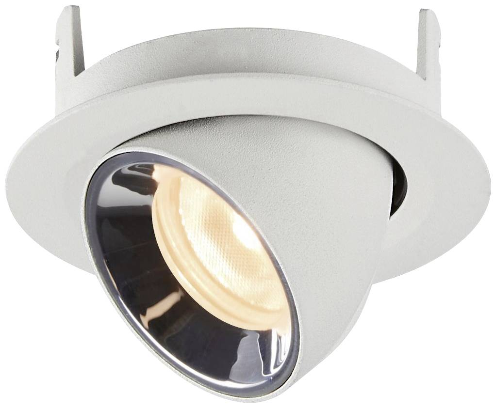 Inbouwspot in het wit met een draaibare ronde reflector, warm licht wanneer ingeschakeld, geschikt voor plafondmontage.
