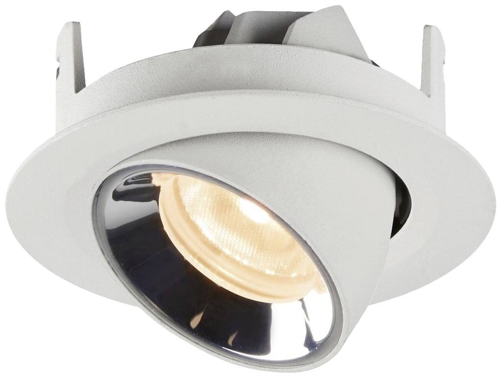 Een witte inbouwspot met een rond frame en een draaibare lichtbron die naar beneden schijnt. Geschikt voor binnenverlichting.