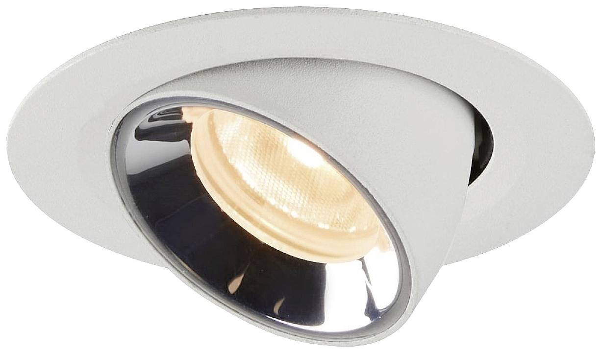 Inbouwlamp met een kantelbaar, cilindrisch ontwerp en zilveren fitting. Geschikt voor gerichte verlichting in binnenruimtes.