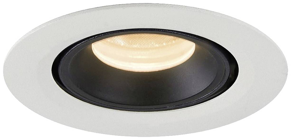 Inbouwspot met een rond, wit frame en een ingeschakelde LED-lamp.