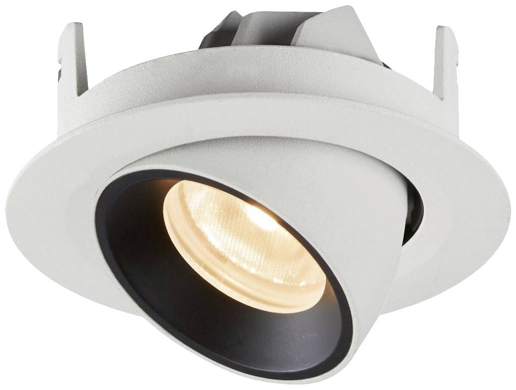 Inbouwspot van wit materiaal met ronde behuizing en verstelbare lichthoek. Geeft warm, gericht licht.