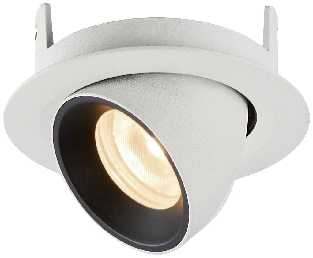 Een witte, ronde inbouwspot met een kantelbare, naar beneden gerichte gloeilamp die een warm licht uitstraalt.