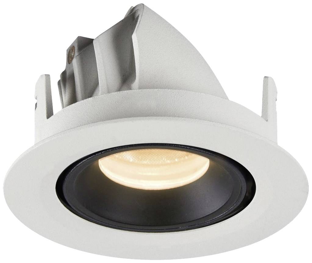 Een ronde, witte inbouwspot met een zwarte binnenring. Een LED-lamp verlicht het midden en toont het kantelbare ontwerp.