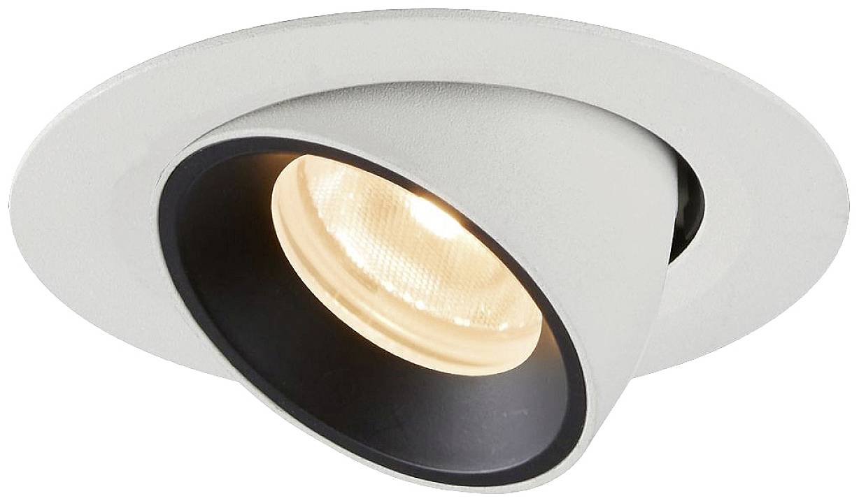 Een ronde, verstelbare inbouwspot van wit metaal met een zwarte binnenrand en een lichtgevende gloeilampinzet.