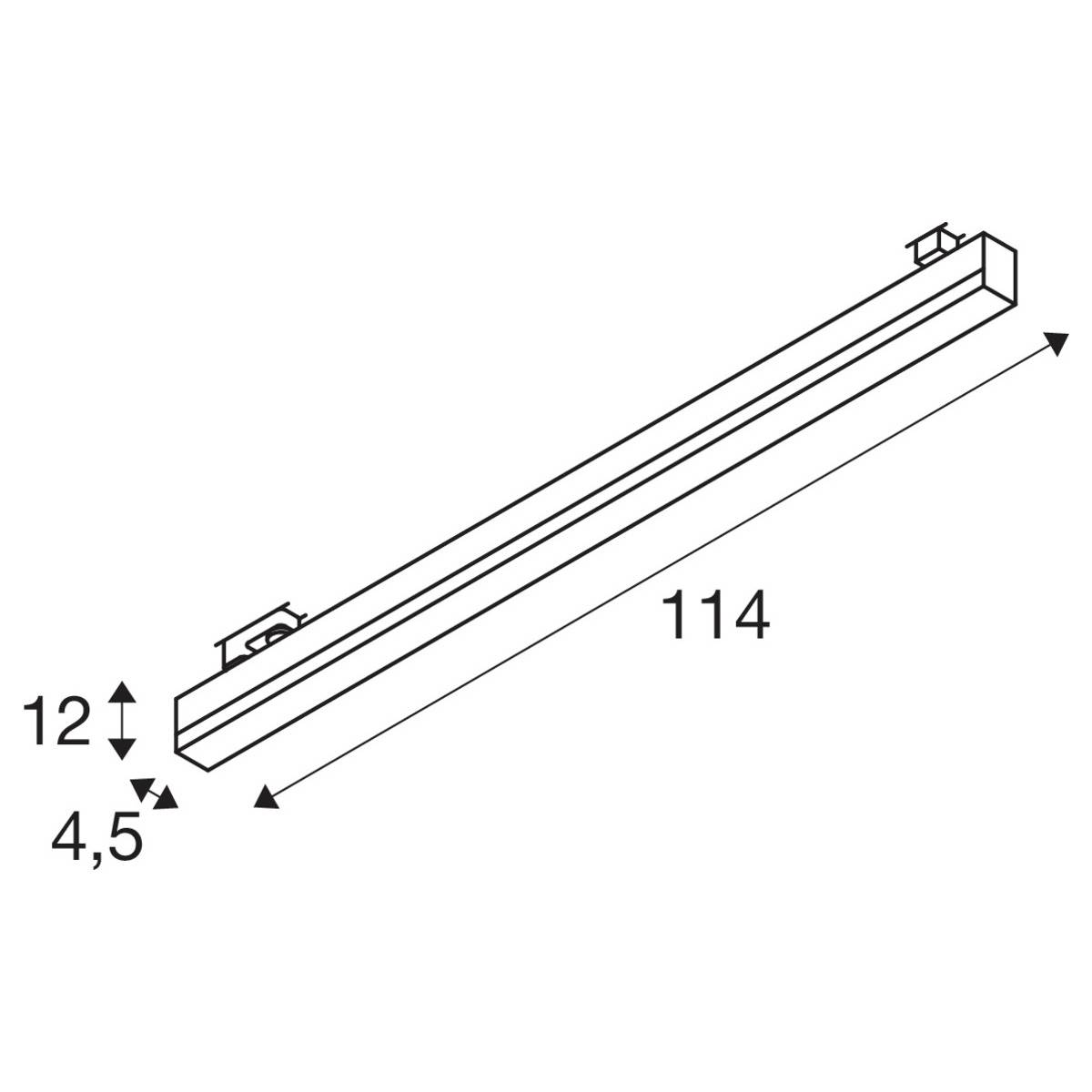 Tekening van een rechthoekige lichtstrook met de volgende afmetingen: lengte 114 cm, hoogte 4,5 cm, breedte 12 cm.
