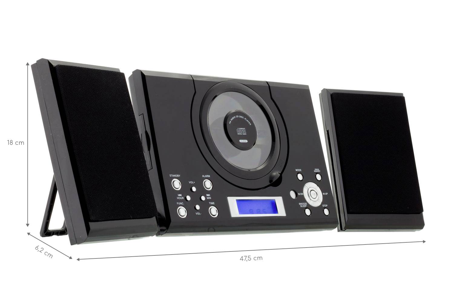 Compacte zwarte stereotoren met twee luidsprekers, centrale cd-speler en lcd-display. Afmetingen: 47,5 cm breed, 18 cm hoog, 6,2 cm diep.