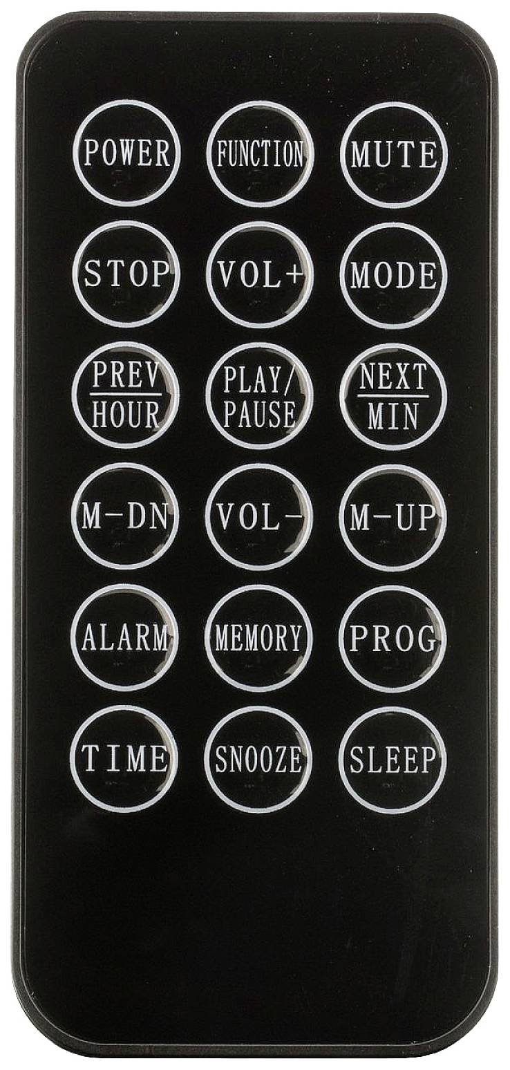 Zwarte afstandsbediening met toetsen voor 'Aan/Uit', 'Functie', 'Dempen', volume, afspelen, stoppen, tijdinstellingen en meer.