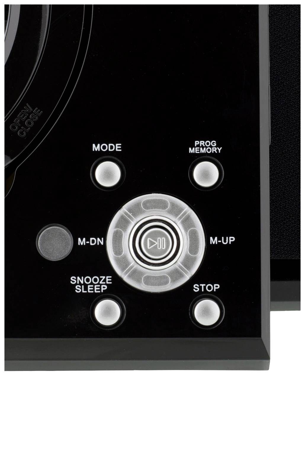 'Zwart bedieningspaneel met knoppen: Mode, Prog Memory, M-DN, M-UP, Snooze Sleep en Stop, centrale luidspreker symboolknop.'