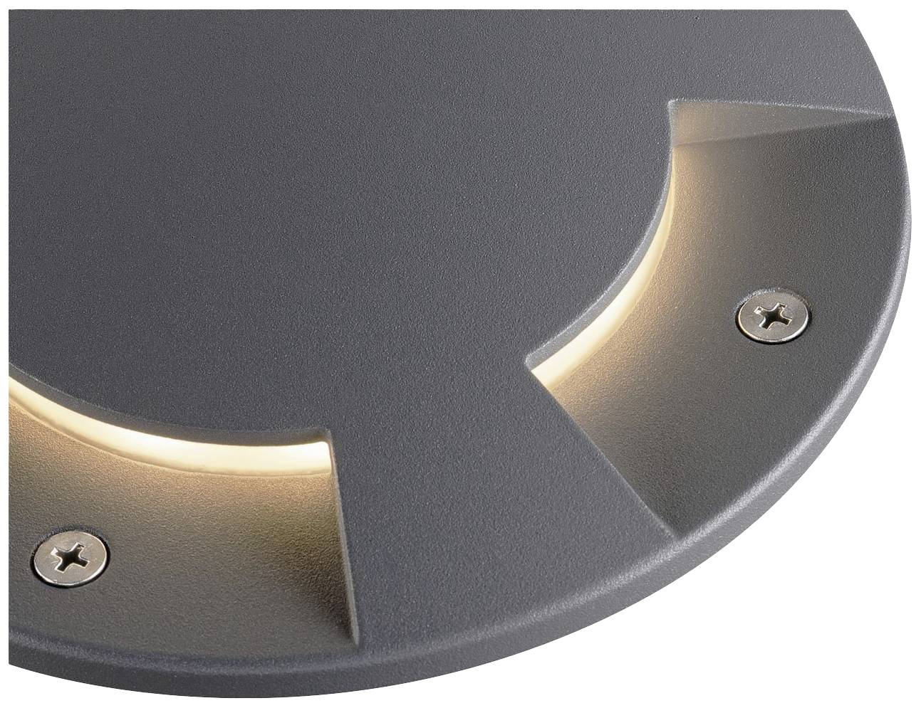 Grijze, ronde vloerlamp met twee verlichte gleuven en zichtbare schroeven in de hoeken.