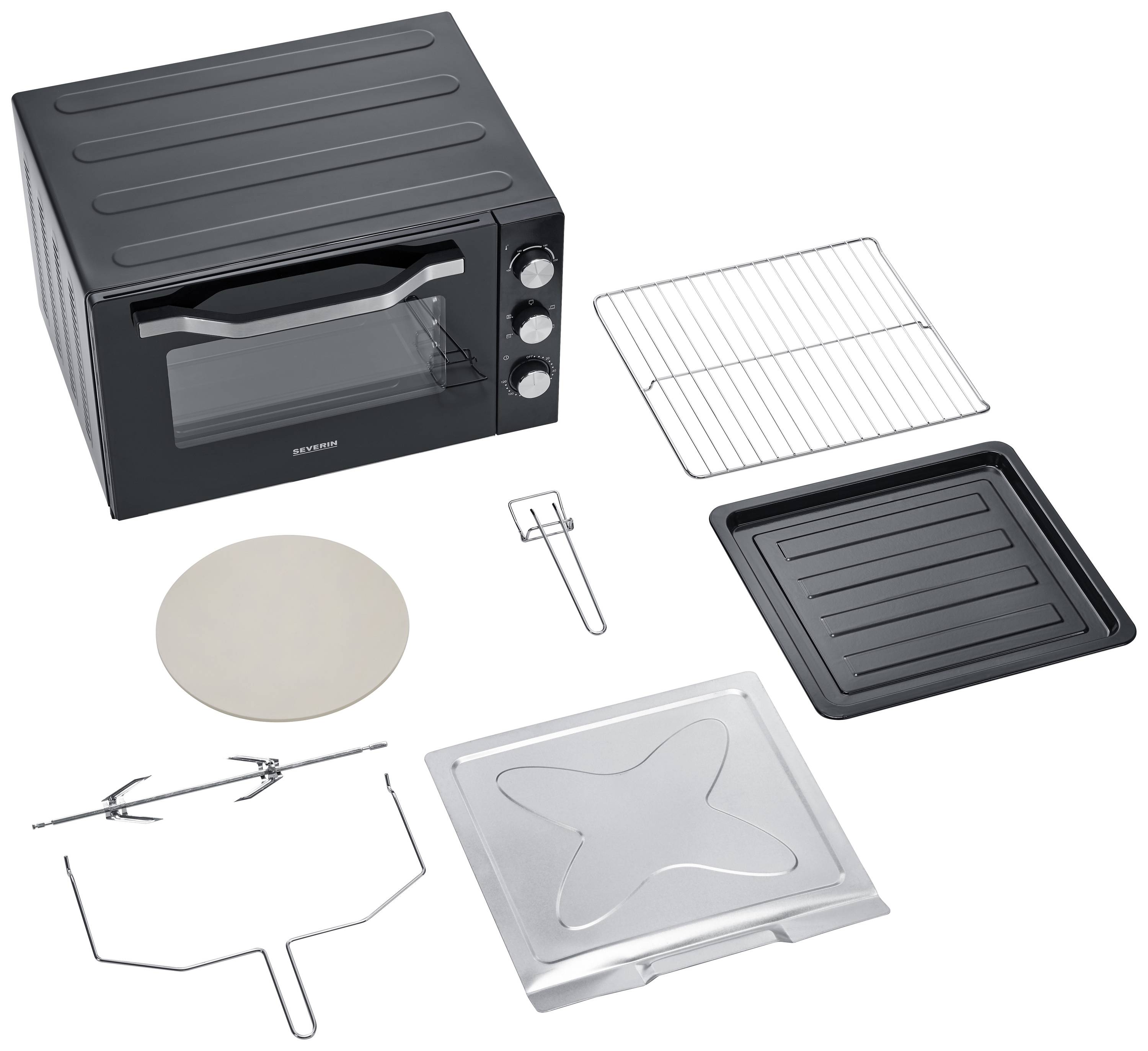 Compacte zwarte oven met meerdere accessoires: rooster, bakplaat, pizzasteen, draaispit, kruimelbak, handgereedschap.