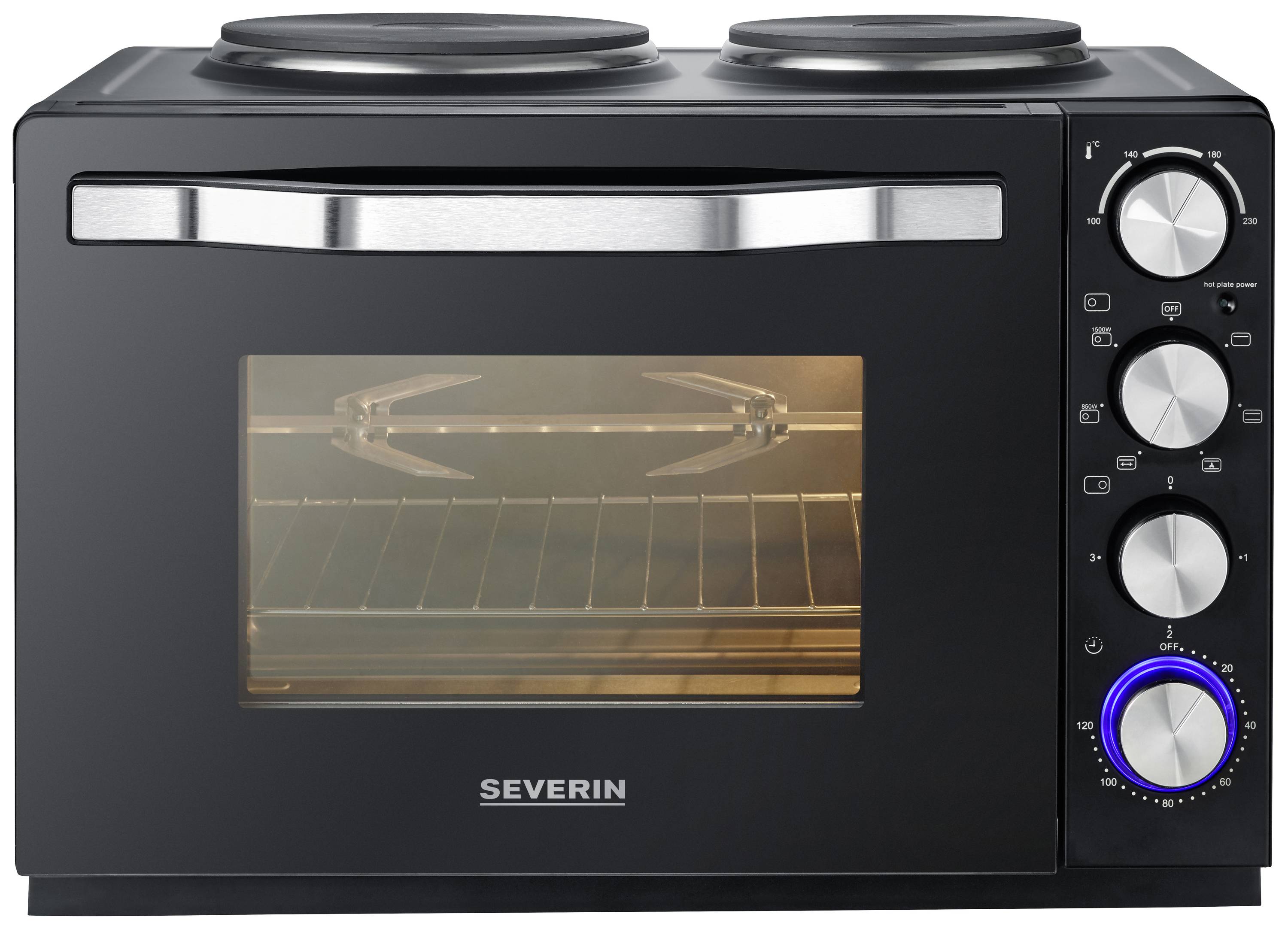 Zwarte mini-oven met twee kookplaten bovenop, draaiknop aan de rechterkant. Merknaam 'Severin' zichtbaar aan de voorkant.