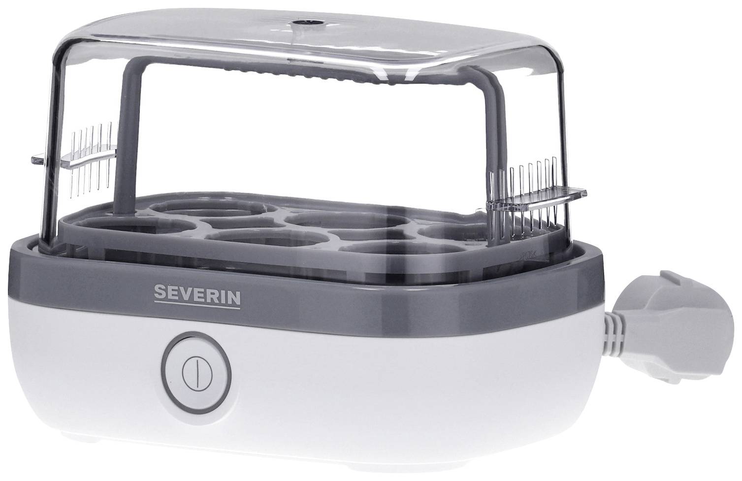 Een witte eierkoker met een grijze rand en een transparante deksel, geschikt voor het koken van meerdere eieren tegelijkertijd.