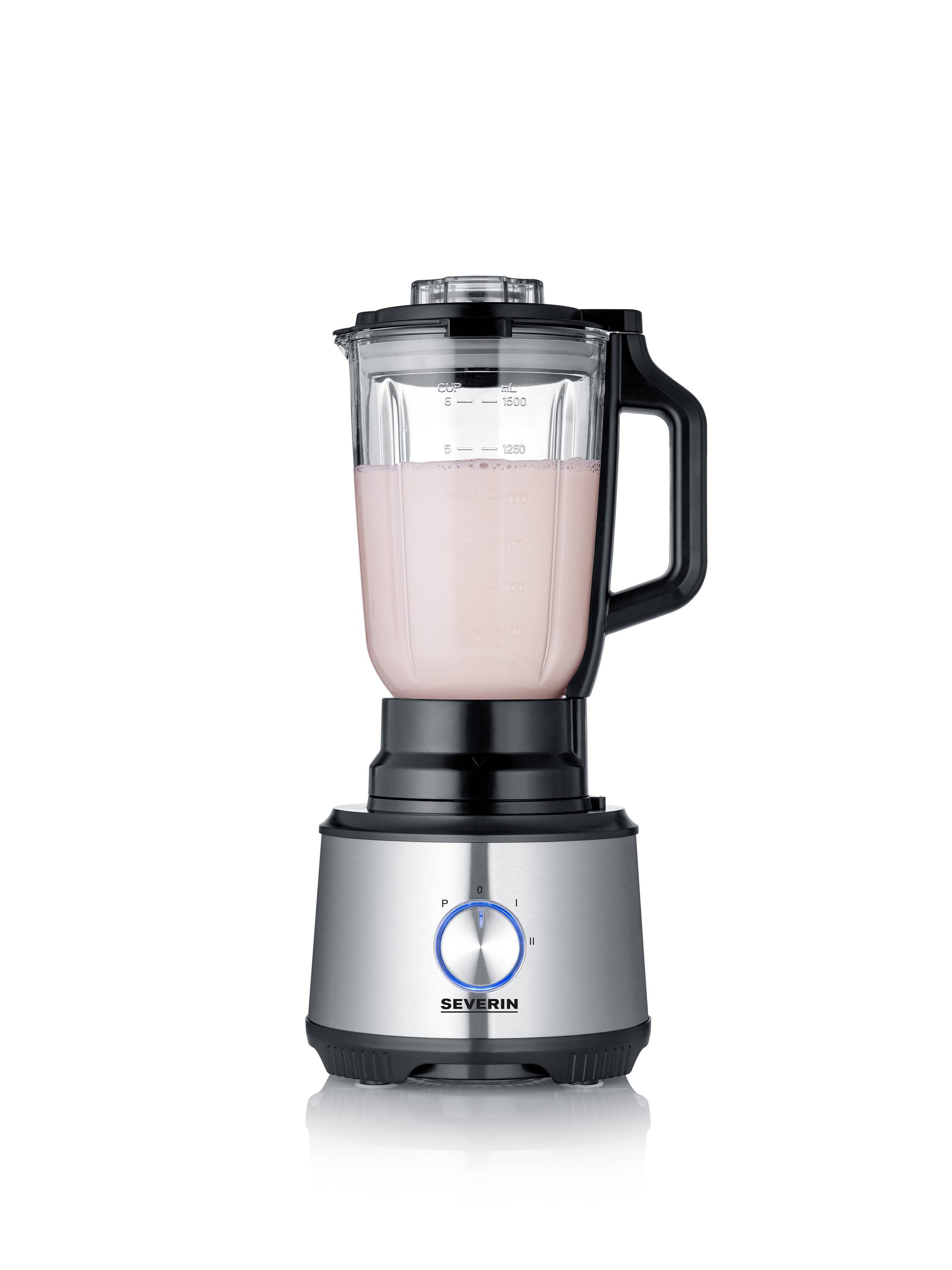 Een staande blender met een behuizing van roestvrij staal, gevuld met een roze vloeistof. De draaiknop staat ingesteld op een lage stand.