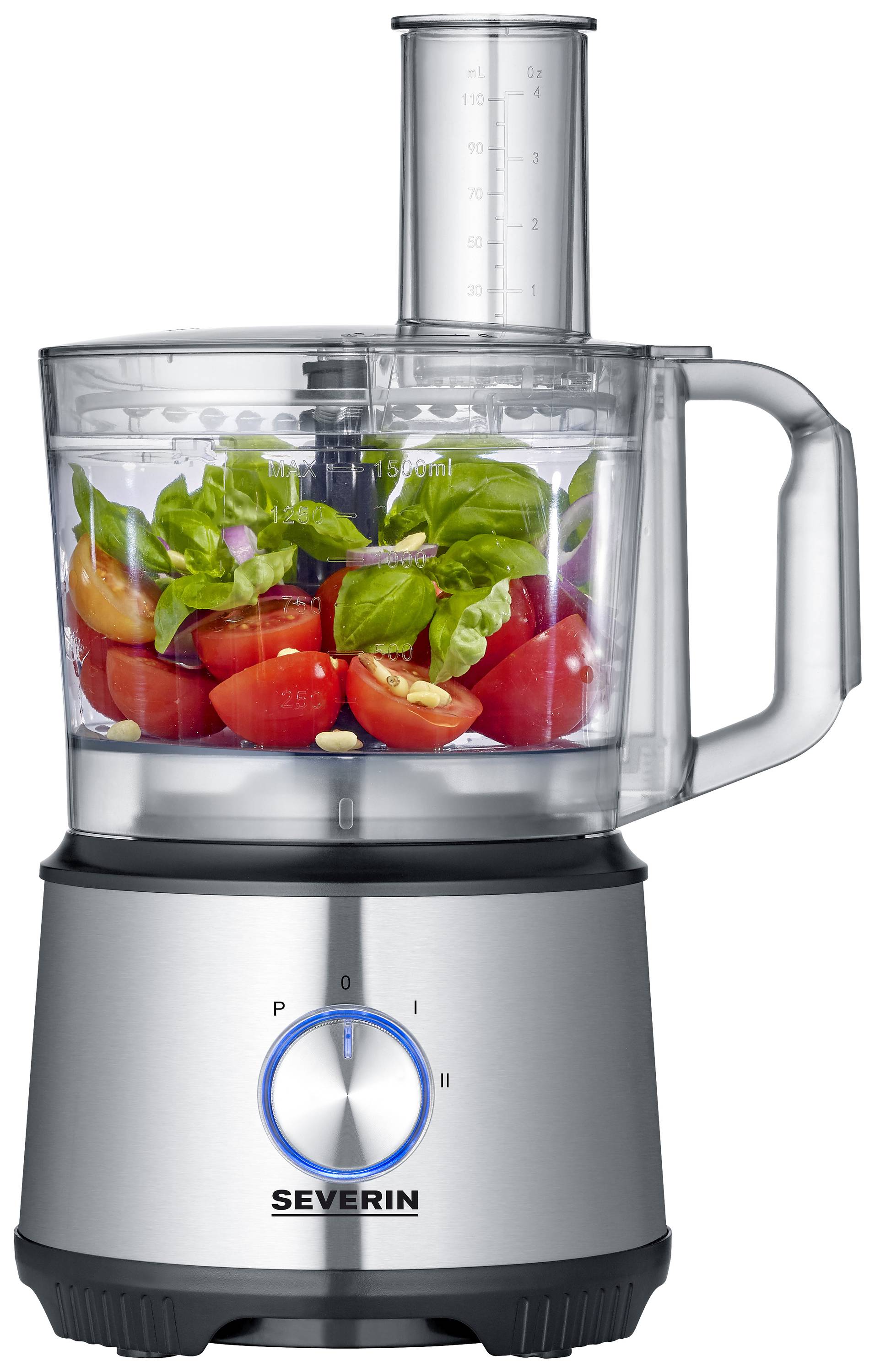 Een cilindrische zilver- en glazen mixer, gevuld met tomaten, basilicum en noten. 'Severin' gemarkeerd aan de onderkant.