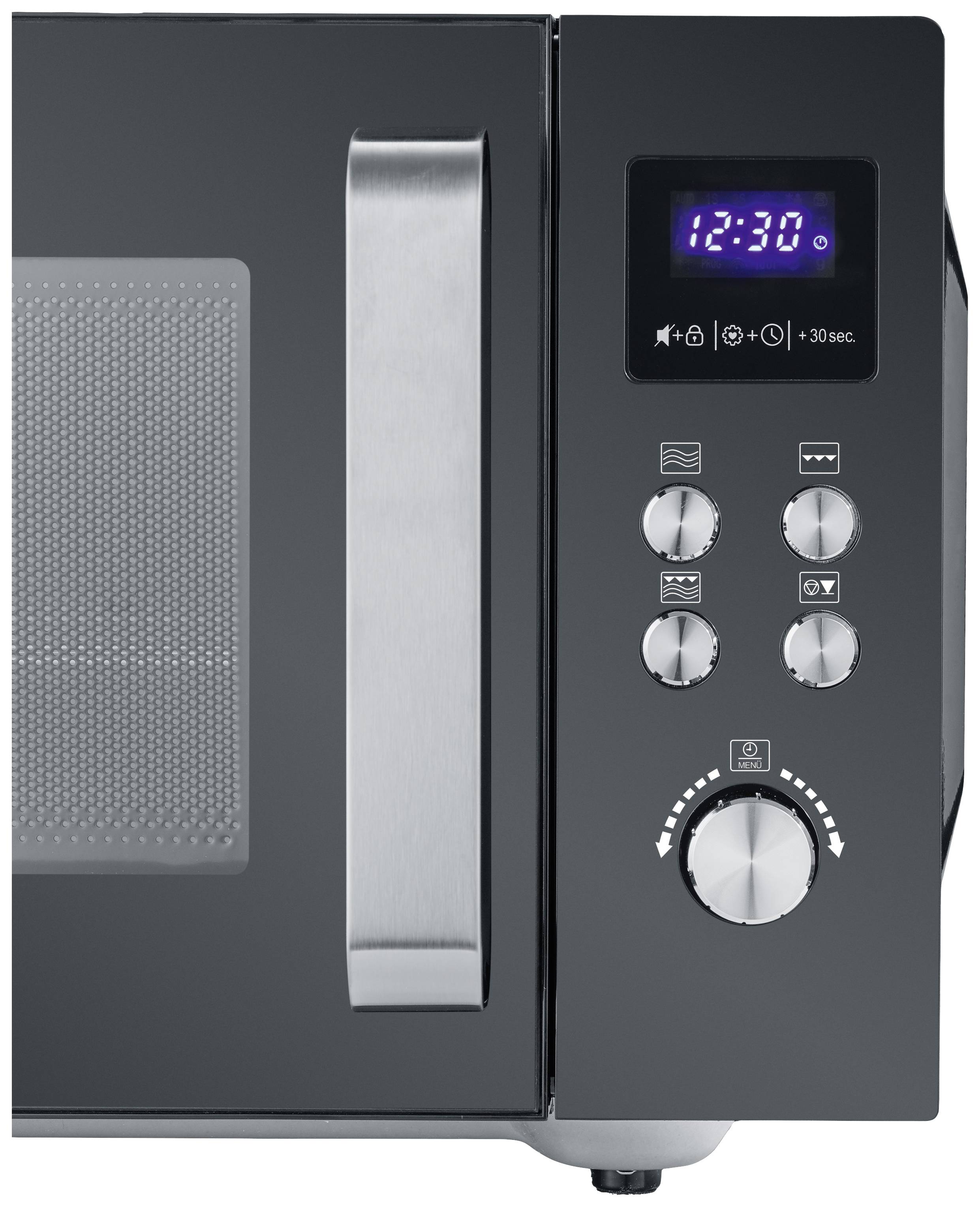 Een gedeeltelijk geopende magnetron is te zien met een digitaal display dat de tijd '12:30' aangeeft; hij heeft verschillende bedieningsknoppen.