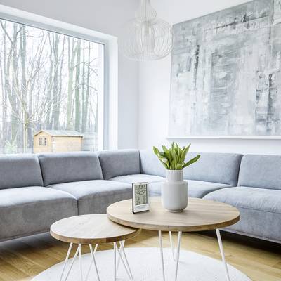 Lichte woonkamer met een grijs bank, houten tafel en een grote raamwand. Buiten zijn bomen zichtbaar, links staat een houten paviljoen.