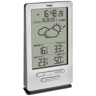 Digitale thermometer met tijdstip '16:48', datum '06.08.2021', weerweergave met wolkensymbool, buitentemperatuur 16,5°C, binnentemperatuur 23,4°C, luchtvochtigheid buiten 33%, binnen 50%.